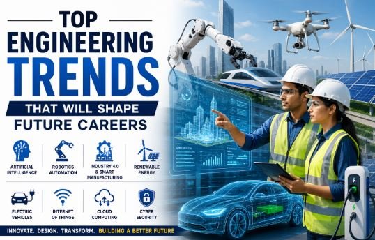 Engineers collaborating with AI, robotics, renewable energy, and smart technology representing future engineering career trends by Bhavya Gyan Consultants