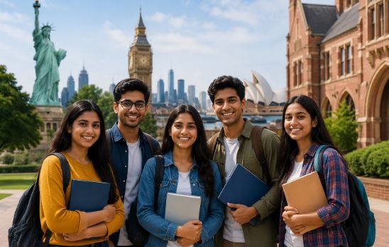 Indian students exploring top scholarships for studying abroad at leading international universities by bhavyagyan